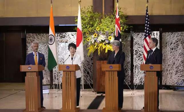 Japanese Foreign Minister Yoko Kamikawa, second left, speaks as Indian Foreign Minister Subrahmanyam Jaishankar, far left, Australian Foreign Minister Penny Wong and U.S. Secretary of State Antony Blinken listen during the Quad Ministerial Meeting at the Foreign Ministry's Iikura guesthouse in Tokyo, Monday, July 29, 2024. (AP Photo/Shuji Kajiyama)