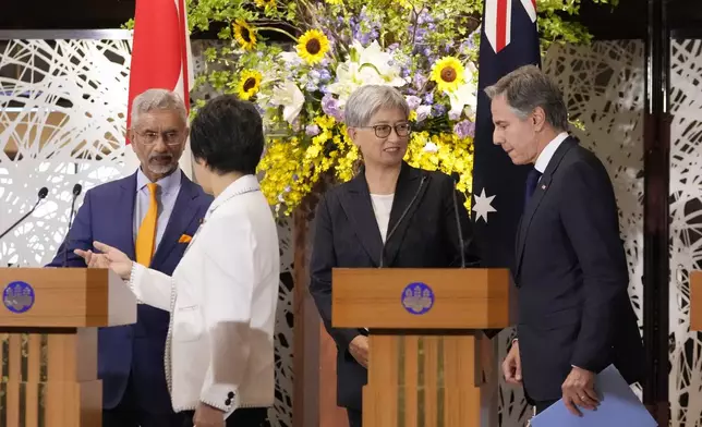 Indian Foreign Minister Subrahmanyam Jaishankar, from left, Japanese Foreign Minister Yoko Kamikawa, Australian Foreign Minister Penny Wong and U.S. Secretary of State Antony Blinken leave a news conference following the Quad Ministerial Meeting at the Foreign Ministry's Iikura guesthouse in Tokyo, Monday, July 29, 2024. (AP Photo/Shuji Kajiyama)