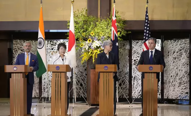 U.S. Secretary of State Antony Blinken, right, speaks during a news conference with Indian Foreign Minister Subrahmanyam Jaishankar, from left, Japanese Foreign Minister Yoko Kamikawa, Australian Foreign Minister Penny Wong, following the Quad Ministerial Meeting at the Foreign Ministry's Iikura guesthouse in Tokyo, Monday, July 29, 2024. (AP Photo/Shuji Kajiyama)