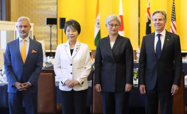 Foreign minister from left to right, Indian External Affairs Minister Subrahmanyam Jaishankar, Japanese Foreign Minister Yoko Kamikawa, Australian Foreign Minister Penny Wong and U.S. Secretary of State Antony Blinken pose for a photo ahead of the Quad Ministerial Meeting at the Foreign Ministry's Iikura guesthouse in Tokyo, Monday, July 29, 2024. (AP Photo/Shuji Kajiyama)