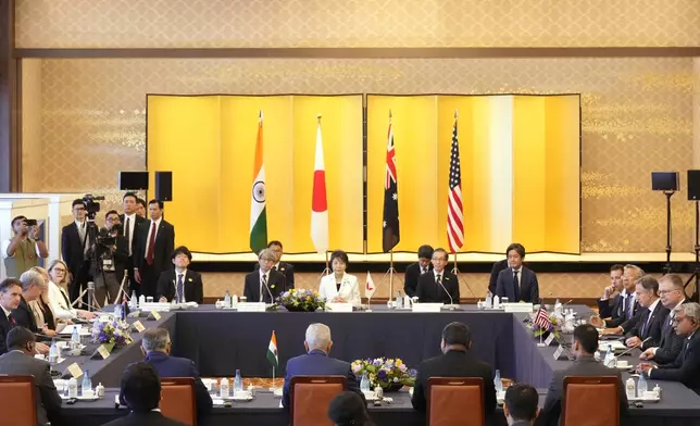 Japanese Foreign Minister Yoko Kamikawa, center, Australian Foreign Minister Penny Wong, second left, U.S. Secretary of State Antony Blinken, third right, and Indian External Affairs Minister Subrahmanyam Jaishankar, bottom center, attend the Quad Ministerial Meeting at the Foreign Ministry's Iikura guesthouse in Tokyo, Monday, July 29, 2024. (AP Photo/Shuji Kajiyama)