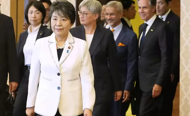 Foreign minister from front to back, Japanese Foreign Minister Yoko Kamikawa, Australian Foreign Minister Penny Wong, Indian External Affairs Minister Subrahmanyam Jaishankar, and U.S. Secretary of State Antony Blinken arrive for the Quad Ministerial Meeting at the Foreign Ministry's Iikura guesthouse in Tokyo, Monday, July 29, 2024. (AP Photo/Shuji Kajiyama)