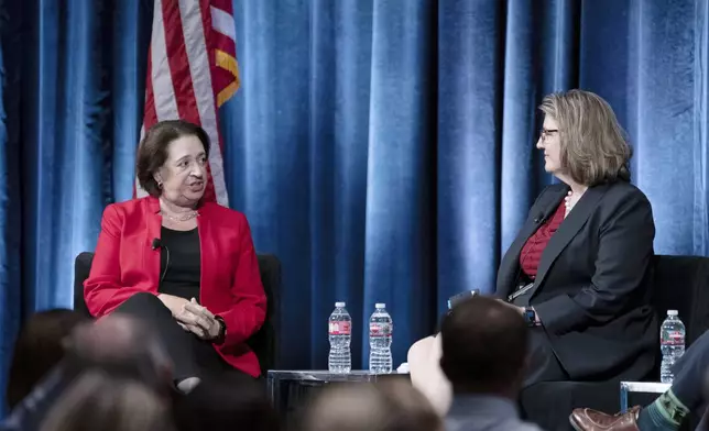 U.S. Supreme Court Justice Elena Kagan, left, talks with Madeleine C. Wanslee, Bankruptcy Judge, U.S. Bankruptcy Court for the District of Arizona during panel discussion at the 2024 Ninth Circuit Judicial Conference in Sacramento, Calif., Thursday July 25, ,2024. Kagan became the first member of the Supreme Court to call publicly for beefing up the court’s new ethics code by adding a way to enforce it. (AP Photo/Rich Pedroncelli)