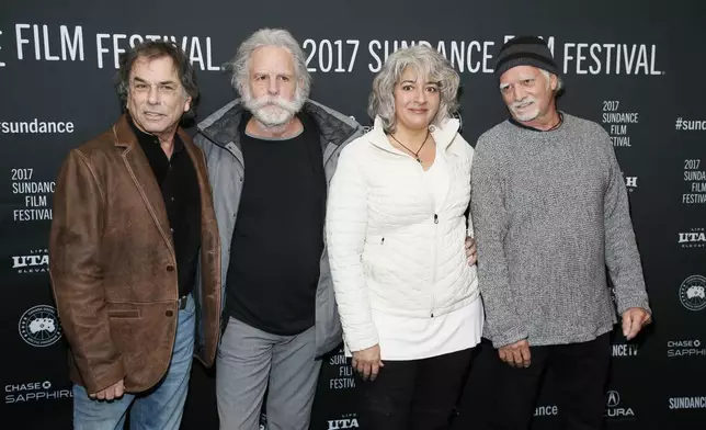 FILE - From left to right, Mickey Hart, Bob Weir, daughter of the late Grateful Dead member Jerry Garcia, and Bill Kreutzmann pose at the premiere of "Long Strange Trip," a documentary about the Grateful Dead rock group, during the 2017 Sundance Film Festival, Jan. 23, 2017, in Park City, Utah. The 47th Kennedy Center class will be honored with an evening of tributes, testimonials and performances on Dec. 8 at Washington's John F. Kennedy Center for the Performing Arts. (Photo by Danny Moloshok/Invision/AP, File)