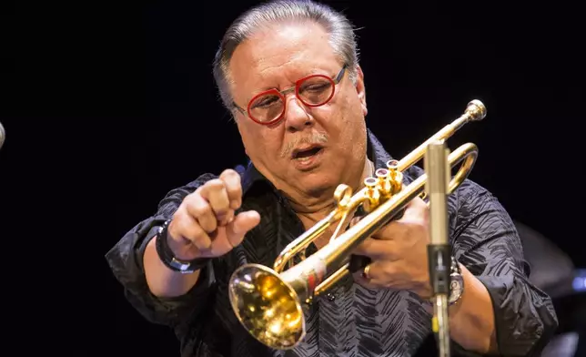 FILE - Cuban jazz player Arturo Sandoval plays during a concert in Moscow, Russia, Feb. 27, 2017. The 47th Kennedy Center class will be honored with an evening of tributes, testimonials and performances on Dec. 8 at Washington's John F. Kennedy Center for the Performing Arts. (AP Photo/Alexander Zemlianichenko, File)