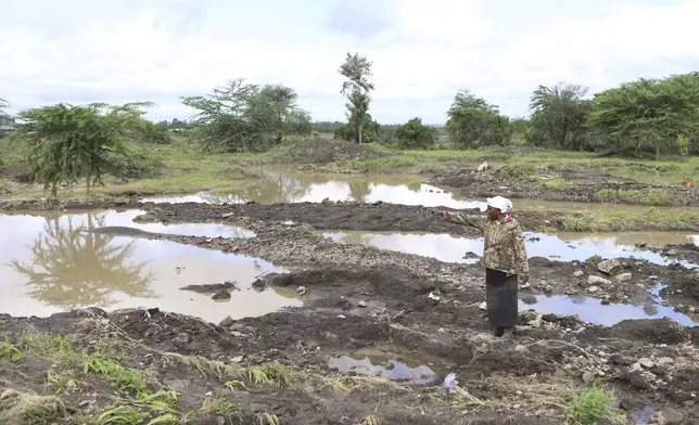 62-year old farmer Martha Waema, in her three-acre farm that was submerged by weeks of rainfall in Machakos, Kenya, Wednesday, May 8, 2024. According to Kenya's interior ministry, the heavy rains affected 400,000 people across the country and killed 289. Crops on approximately 168,092 acres of land have been destroyed, posing a threat to food security. This represents 0.24 percent of Kenya's based on World Bank Data that shows 48% of Kenya's land is agricultural. (AP Photo/Andrew Kasuku)