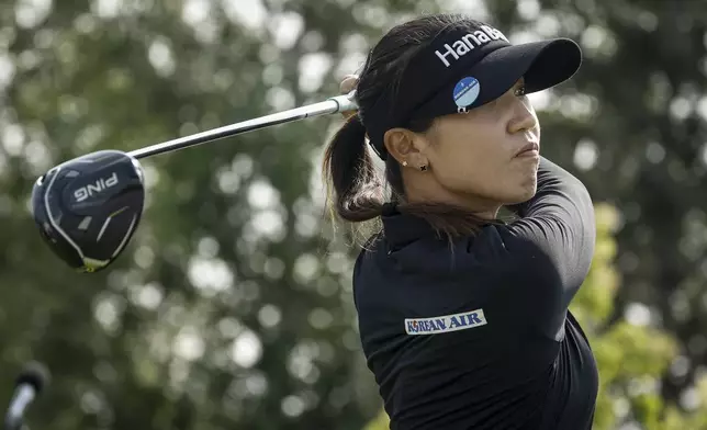 New Zealand's Lydia Ko hits a tee shot on the first hole during the second round at the LPGA Canadian Women's Open golf tournament in in Calgary, Alberta, Friday, July 26, 2024. (Jeff McIntosh /The Canadian Press via AP)