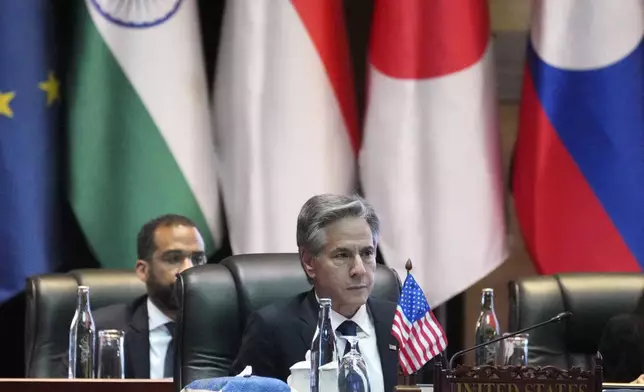 U.S. Secretary of State Antony Blinken, center, attends the ASEAN Regional Forum Ministerial Meeting in Vientiane, Laos, Saturday, July 27, 2024. (AP Photo/Achmad Ibrahim, Pool)