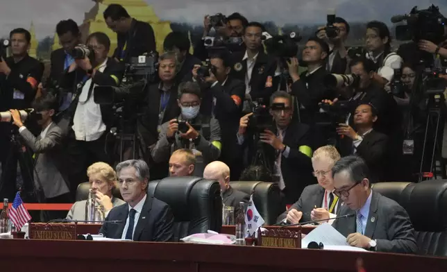 U.S. Secretary of State Antony Blinken, left, and South Korea's Minister of Foreign Affairs Cho Tae-yul, right, attend during the East Asia Summit Foreign Ministers' Meeting in Vientiane, Laos, Saturday, July 27, 2024. (AP Photo/Achmad Ibrahim, Pool)