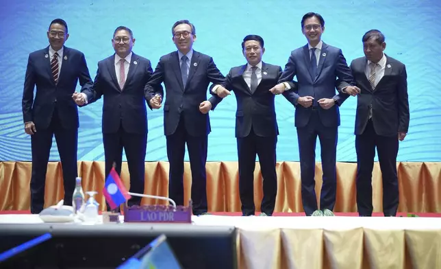 From left, Thailand's Foreign Minister Maris Sangiampongsa, Cambodia Foreign Minister Sok Chenda Sophea, South Korea's Minister of Foreign Affairs Cho Tae-yul, Laos Foreign Minister Saleumxay Kommasith, Vietnam Deputy Foreign Minister Do Hung Viet and Myanmar Permanent Secretary of Foreign Affairs Aung Kyaw Moe pose for photos at the 12th Mekong-South Korea Foreign Ministers event during the Association of Southeast Asian Nations (ASEAN) Foreign Ministers' Meeting in Vientiane, Laos, Friday, July 26, 2024. (AP Photo/Achmad Ibrahim)