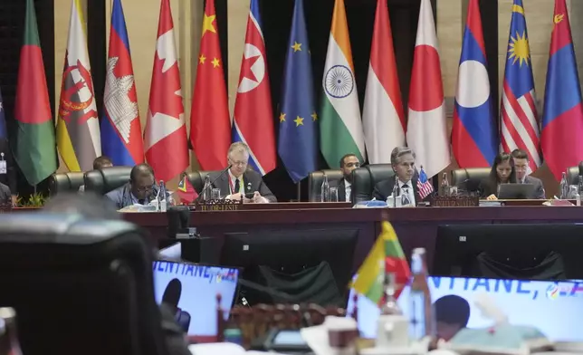 U.S. Secretary of State Antony Blinken, center, attends the ASEAN Regional Forum Ministerial Meeting in Vientiane, Laos, Saturday, July 27, 2024. (AP Photo/Achmad Ibrahim, Pool)