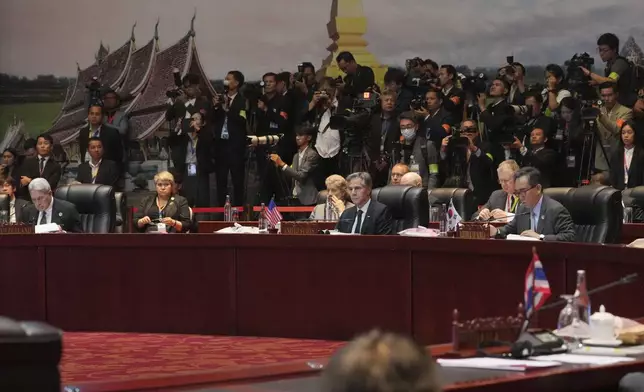 U.S. Secretary of State Antony Blinken, center, attends the East Asia Summit Foreign Ministers' Meeting in Vientiane, Laos, Saturday, July 27, 2024. (AP Photo/Achmad Ibrahim, Pool)