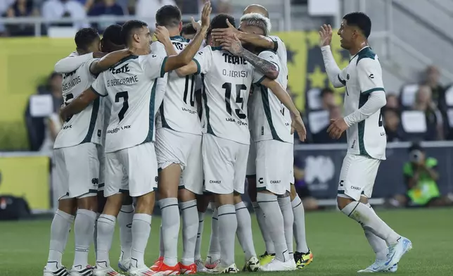 Liga MX All-Stars celebrate their goal against the MLS All-Stars during the first half of the MLS All-Star soccer match Wednesday, July 24, 2024, in Columbus, Ohio. (AP Photo/Jay LaPrete)