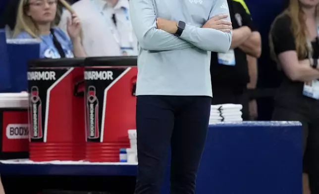 Sporting Kansas City manager Peter Vermes watches during the first half of an MLS soccer match against FC Dallas Sunday, July 7, 2024, in Kansas City, Kan. (AP Photo/Charlie Riedel)