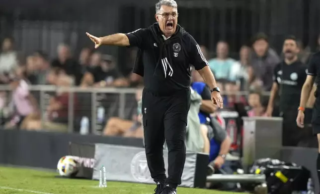 Inter Miami head coach Gerardo "Tata" Martino reacts during the second half of an MLS soccer match against Chicago Fire, Saturday, July 20, 2024, in Fort Lauderdale, Fla. (AP Photo/Lynne Sladky)