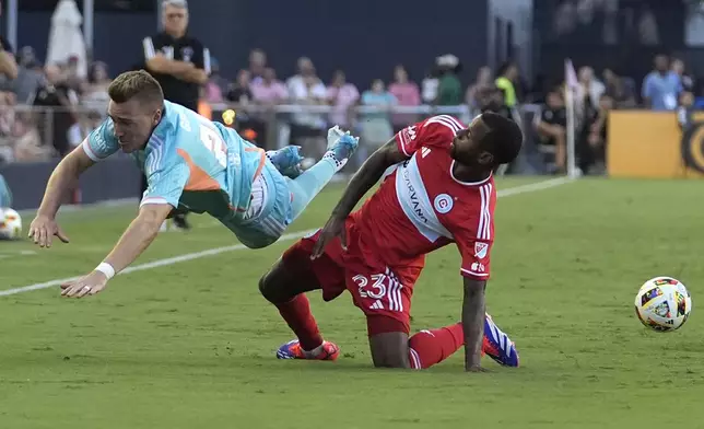 Inter Miami defender Julian Gressel, left, falls after coming into contact with Chicago Fire midfielder Kellyn Acosta (23) during the first half of an MLS soccer match, Saturday, July 20, 2024, in Fort Lauderdale, Fla. (AP Photo/Lynne Sladky)