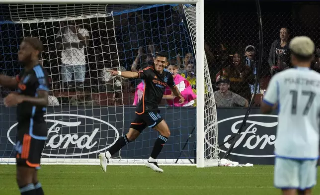 New York City FC forward Alonso Martínez celebrates after scoring a goal during an MLS soccer match against CF Montréal, Wednesday, July 3, 2024, in New York. (AP Photo/Pamela Smith)