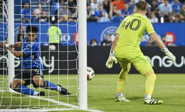 CF Montreal goalkeeper Jonathan Sirois (40) looks on as defender Fernando Alvarez (4) keeps the ball from going across the line during the second half of a MLS soccer game in Montreal, Saturday, July 6, 2024. (Graham Hughes/The Canadian Press via AP)