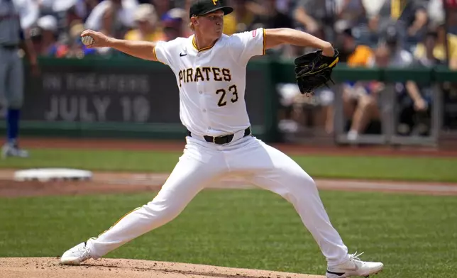 Pittsburgh Pirates starting pitcher Mitch Keller delivers during the first inning of a baseball game against the New York Mets in Pittsburgh, Monday, July 8, 2024. (AP Photo/Gene J. Puskar)