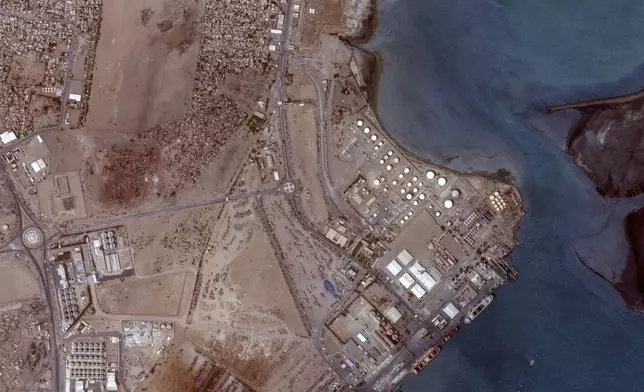 This satellite image provided by Maxar Technologies shows an overview of oil tanks before a strike in Hodeidah, Yemen, July 2, 2024. (Satellite image ©2024 Maxar Technologies via AP)