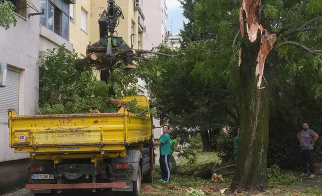 Municipal workers cut down a tree that fell after a powerful storm in Montenegro's capital Podgorica, Tuesday, July 2, 2024. A powerful storm has swept through countries in the western Balkans after several days of sizzling temperatures, killing two people and damaging houses, pulling out trees and flooding streets, officials said on Tuesday. (AP Photo/Risto Bozovic)