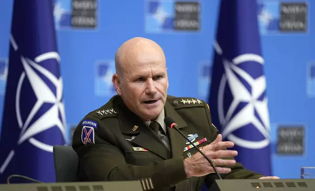 FILE - Supreme Allied Commander Europe, General Christopher Cavoli addresses a media conference at NATO headquarters in Brussels, Thursday, Jan. 18, 2024. NATO's military headquarters is based in Mons, Belgium. It is always run by a top U.S. officer. The current supreme allied commander Europe (SACEUR) is Army Gen. Christopher Cavoli. (AP Photo/Virginia Mayo, File)