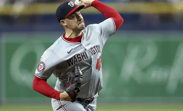 Washington Nationals starting pitcher Patrick Corbin throws against the Tampa Bay Rays during the first inning of a baseball game, Sunday, June 30, 2024, in St. Petersburg, Fla. (AP Photo/Mike Carlson)
