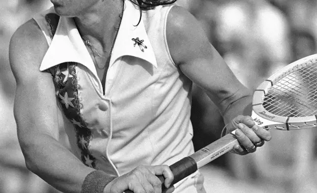 FILE - Billie Jean King competes against Kerry Reid during the semifinals singles match in the Family Circle Magazine Cup tournament in Hilton Head Island, S.C., on April 2, 1977. (AP Photo/Kathy Willens, File)