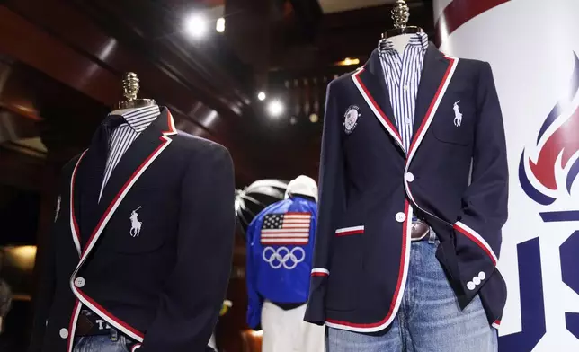 FILE - Team USA Paris Olympics opening ceremony attire is displayed at Ralph Lauren headquarters on Monday, June 17, 2024, in New York. (Photo by Charles Sykes/Invision/AP, File)