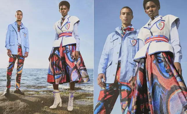 This combination of images released by Stella Jean shows fashion to be worn by Haitian Olympic athletes at the 2024 Summer Olympics in Paris. Designer Stella Jean is collaborating with Haitian artist Philippe Dodard, whose vibrant painting will be incorporated into the ceremonial uniforms — a brightly hued skirt for women and pants for men. (Stella Jean via AP)