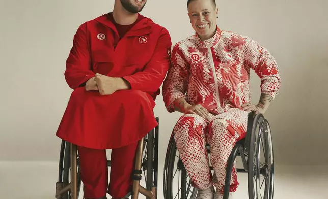 This image released by Lululemon shows Canadian Olympic athletes Zak Madell, left, and Cindy Ouellet. (Lululemon via AP)