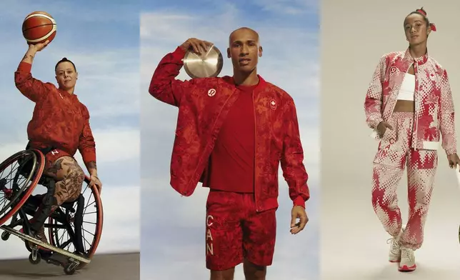 This image released by Lululemon shows Canadian Olympic athletes, from left, Cindy Ouellet, Damian Warner and Leylah Fernandez. (Lululemon via AP)