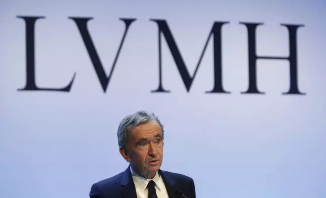 FILE - CEO of LVMH Bernard Arnault presents the group's 2019 results during a press conference, on Jan. 28, 2020, in Paris. With a major sponsorship role aimed at burnishing the image of the Paris 2024 Summer Olympic Games and the French capital, it's a new chapter in LVMH's specialty of selling exclusivity at a grand scale under its chair and CEO, Arnault. (AP Photo/Thibault Camus, File)