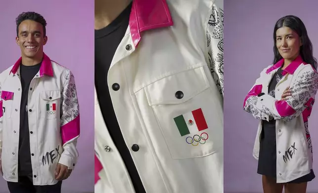 This combination of photos released by Men's Fashion, show Mexican diver Juan Manuel Celaya, left, and Mexican canoe athlete Karina Alanis Morales, right, modeling the Mexican uniforms for the opening ceremony of Paris Olympic Games. (Men's Fashion via AP)