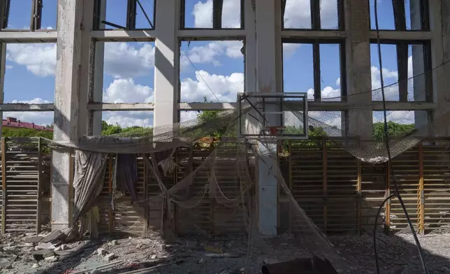 The athletics arena of the "Polytechnic" sports complex which was destroyed by a Russian rocket attack in Kharkiv, Ukraine, is seen on Friday, June 7, 2024. (AP Photo/Evgeniy Maloletka)