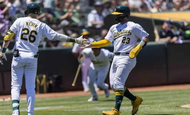 Oakland Athletics' Shea Langeliers (23) is congratulated by Tyler Nevin (26) after he scored against the Baltimore Orioles during the second inning of a baseball game Saturday, July 6, 2024, in Oakland, Calif. (AP Photo/John Hefti)