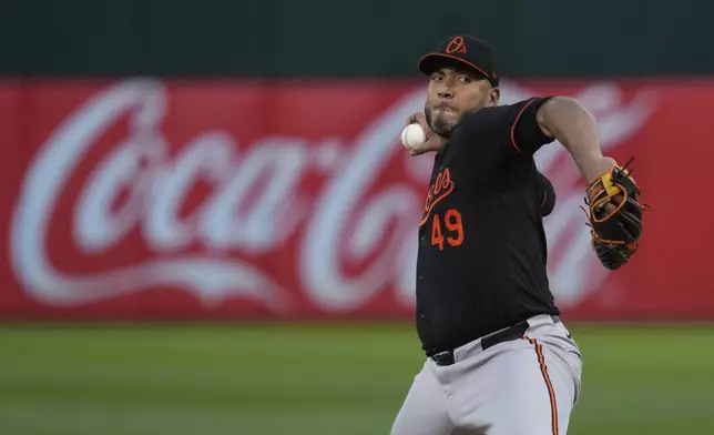 Baltimore Orioles' Albert Suárez pitches to an Oakland Athletics batter during the sixth inning of a baseball game Friday, July 5, 2024, in Oakland, Calif. (AP Photo/Godofredo A. Vásquez)