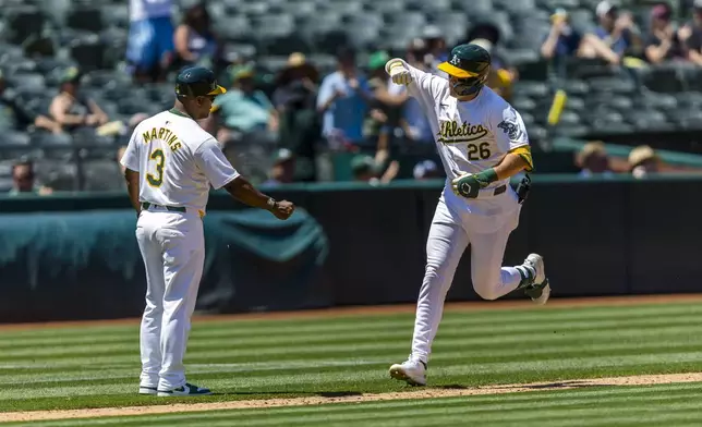 Oakland Athletics' Tyler Nevin (26) is congratulated by third base coach Eric Martins (3) as he runs the bases after hitting a solo home run against the Baltimore Orioles during the fourth inning of a baseball game Saturday, July 6, 2024, in Oakland, Calif. (AP Photo/John Hefti)