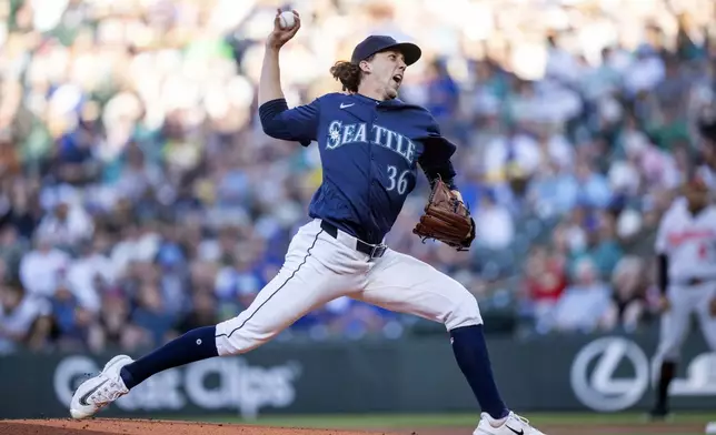 Seattle Mariners starter Logan Gilbert delivers a pitch during the first inning of a baseball game against the Baltimore Orioles, Wednesday, July 3, 2024, in Seattle. (AP Photo/Stephen Brashear)