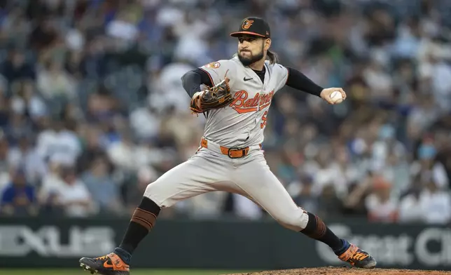 Baltimore Orioles reliever Cionel Perez delivers a pitch during the eighth inning of a baseball game against the Seattle Mariners, Tuesday, July 2, 2024, in Seattle. (AP Photo/Stephen Brashear)
