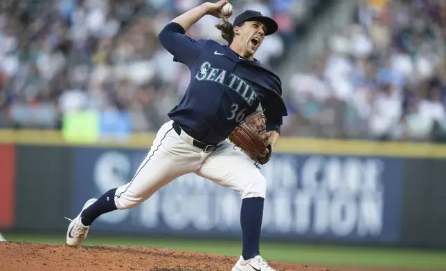 Seattle Mariners starter Logan Gilbert delivers a pitch during the fifth inning of a baseball game against the Baltimore Orioles, Wednesday, July 3, 2024, in Seattle. (AP Photo/Stephen Brashear)