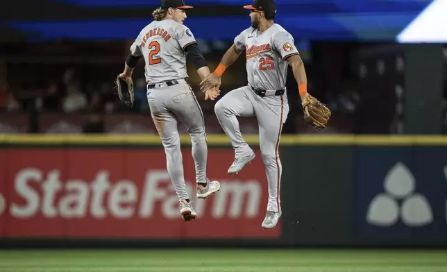 Baltimore Orioles shortstop Gunnar Henderson, left, and right fielder Anthony Santander celebrate after a baseball game against the Seattle Mariners, Tuesday, July 2, 2024, in Seattle. The Orioles won 2-0. (AP Photo/Stephen Brashear)