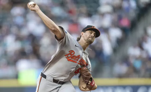 Baltimore Orioles starter Dean Kremer delivers a pitch during the fifth inning of a baseball game against the Seattle Mariners, Wednesday, July 3, 2024, in Seattle. (AP Photo/Stephen Brashear)