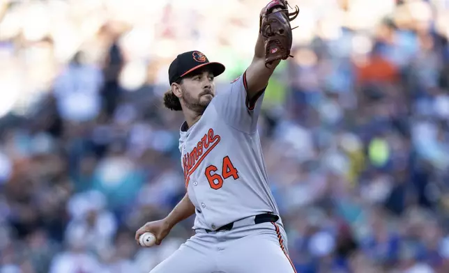 Baltimore Orioles starter Dean Kremer delivers a pitch during the first inning of a baseball game against the Baltimore Orioles, Wednesday, July 3, 2024, in Seattle. (AP Photo/Stephen Brashear)