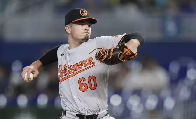 Baltimore Orioles' Chayce McDermott delivers a pitch during the first inning of a baseball game against the Miami Marlins, Wednesday, July 24, 2024, in Miami. (AP Photo/Wilfredo Lee)