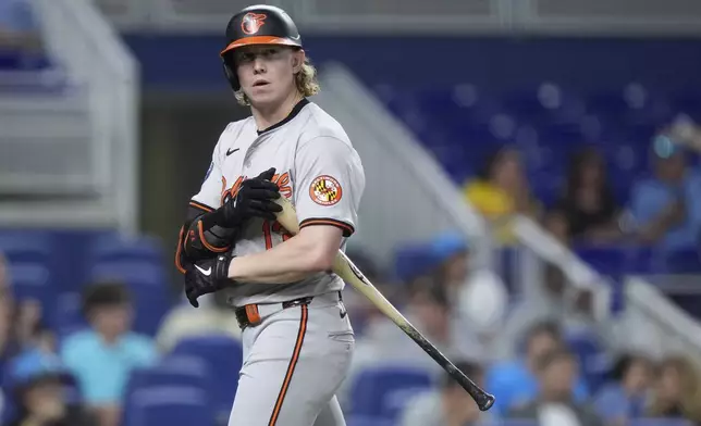 Baltimore Orioles' Heston Kjerstad reacts after striking out swinging during the fourth inning of a baseball game against the Miami Marlins, Wednesday, July 24, 2024, in Miami. (AP Photo/Wilfredo Lee)