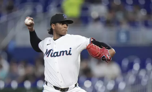 Miami Marlins' Edward Cabrera delivers a pitch during the first inning of a baseball game against the Baltimore Orioles, Wednesday, July 24, 2024, in Miami. (AP Photo/Wilfredo Lee)