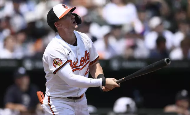 FILE - Baltimore Orioles' Austin Hays plays during a baseball game against the New York Yankees, Sunday, July 14, 2024, in Baltimore. The Philadelphia Phillies acquired outfielder Austin Hays from the Baltimore Orioles on Friday, July 26, 2024, in exchange for right-handed pitcher Seranthony Domínguez and outfielder Cristian Pache, in a deal between the East Division leaders in both leagues. (AP Photo/Nick Wass, File)