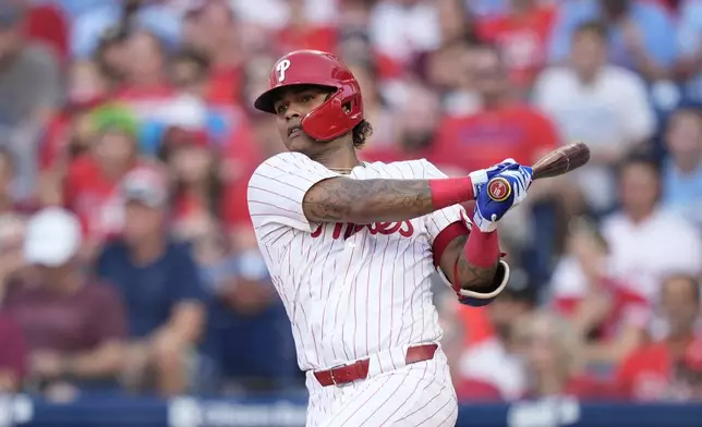 FILE -Philadelphia Phillies' Cristian Pache plays during a baseball game, Tuesday, June 18, 2024, in Philadelphia. The Philadelphia Phillies acquired outfielder Austin Hays from the Baltimore Orioles on Friday, July 26, 2024, in exchange for right-handed pitcher Seranthony Domínguez and outfielder Cristian Pache, in a deal between the East Division leaders in both leagues.(AP Photo/Matt Slocum, File)