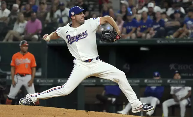 Texas Rangers starting pitcher Max Scherzer works against the Baltimore Orioles during the first inning of a baseball game Saturday, July 20, 2024, in Arlington, Texas. (AP Photo/Jeffrey McWhorter)